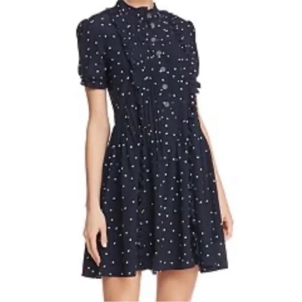 The Kooples “Dame de Coeur” heart-print silk dress in navy